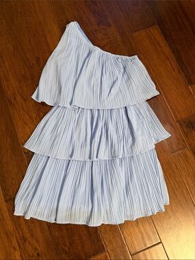 One-Shoulder Light Blue Tiered Pleated Dress